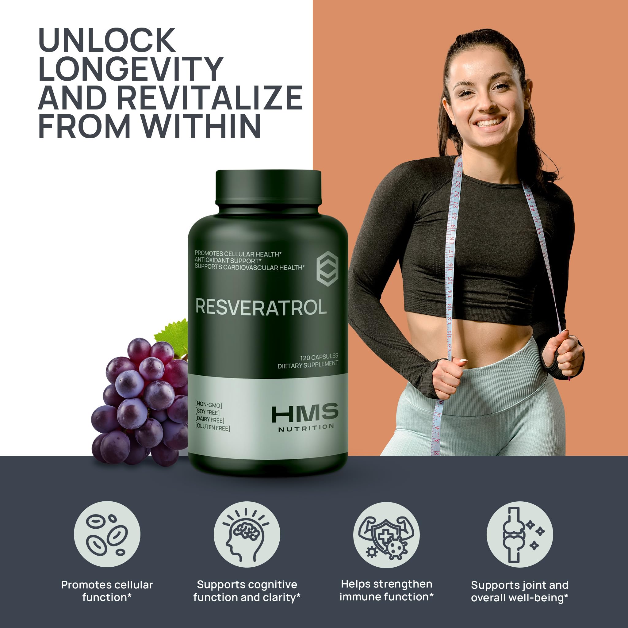 Detalle de etiqueta HMS Nutrition con lista de ingredientes y certificaciones claras