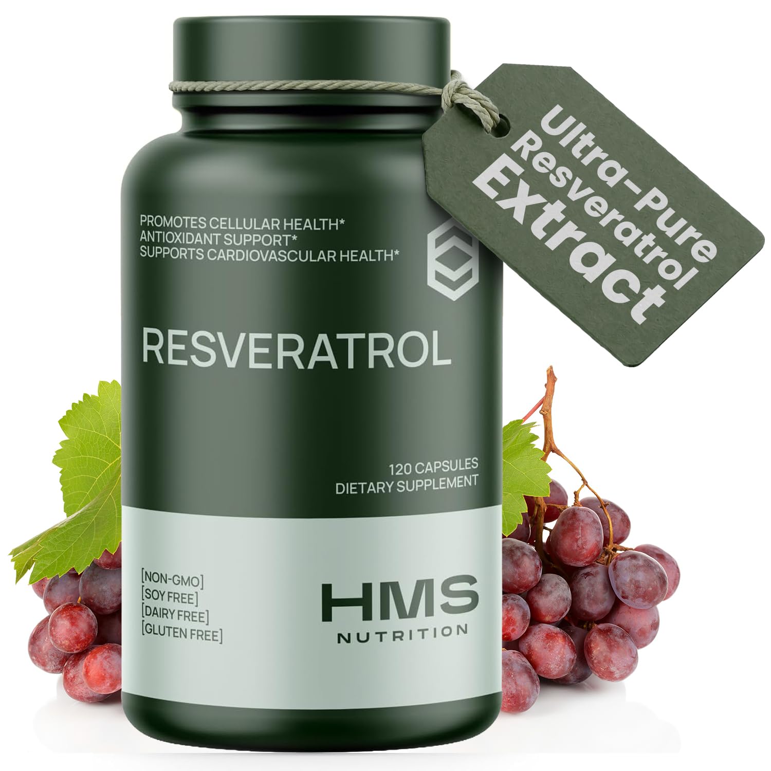 HMS Nutrition frasco frontal de resveratrol mostrando 120 cápsulas y claridad del producto