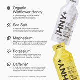 HNY+ Buzz con miel orgánica y té verde destacando ingredientes naturales
