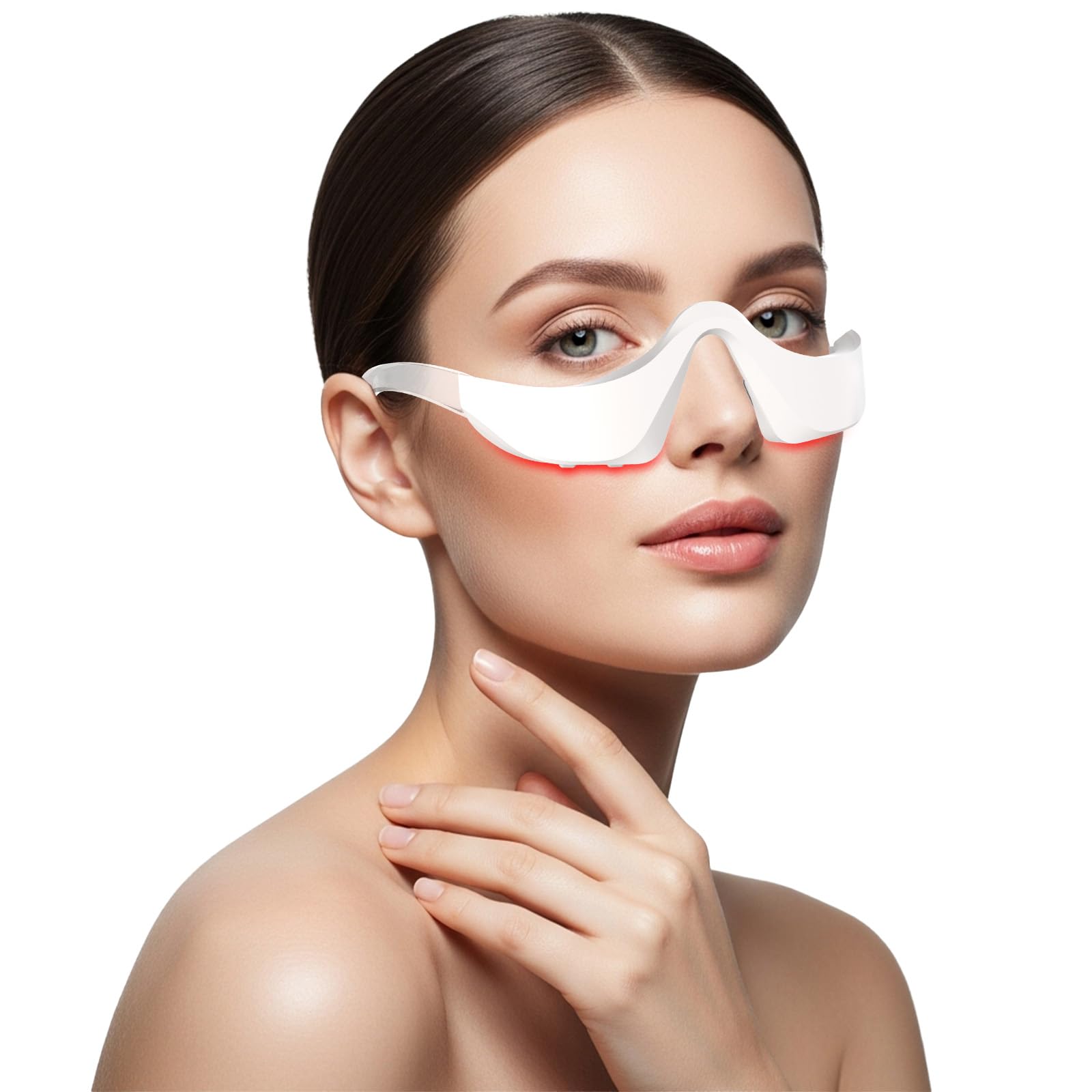 Hoakya vista frontal del masajeador ocular mostrando diseño ergonómico y beneficio de ajuste cómodo