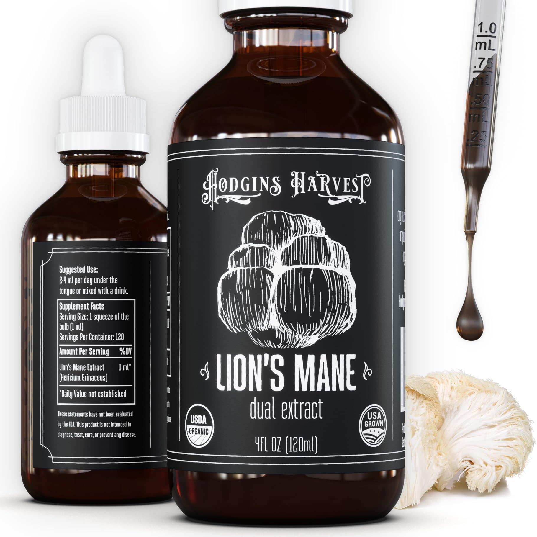 Hodgins Harvest frasco frontal oscuro mostrando etiqueta y concentración