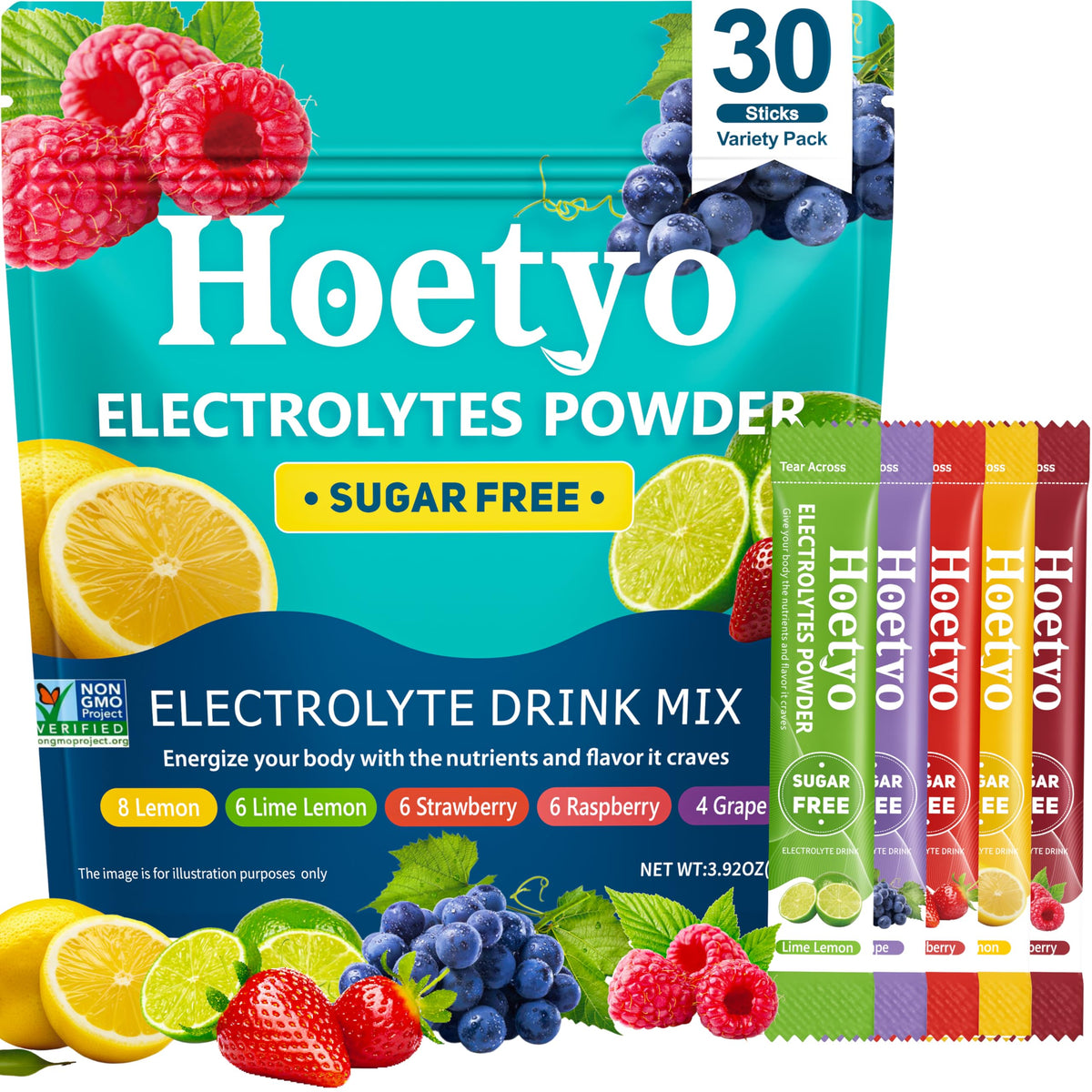 HOETYO frente del empaque mostrando 30 sobres y variedad de sabores, transporte fácil
