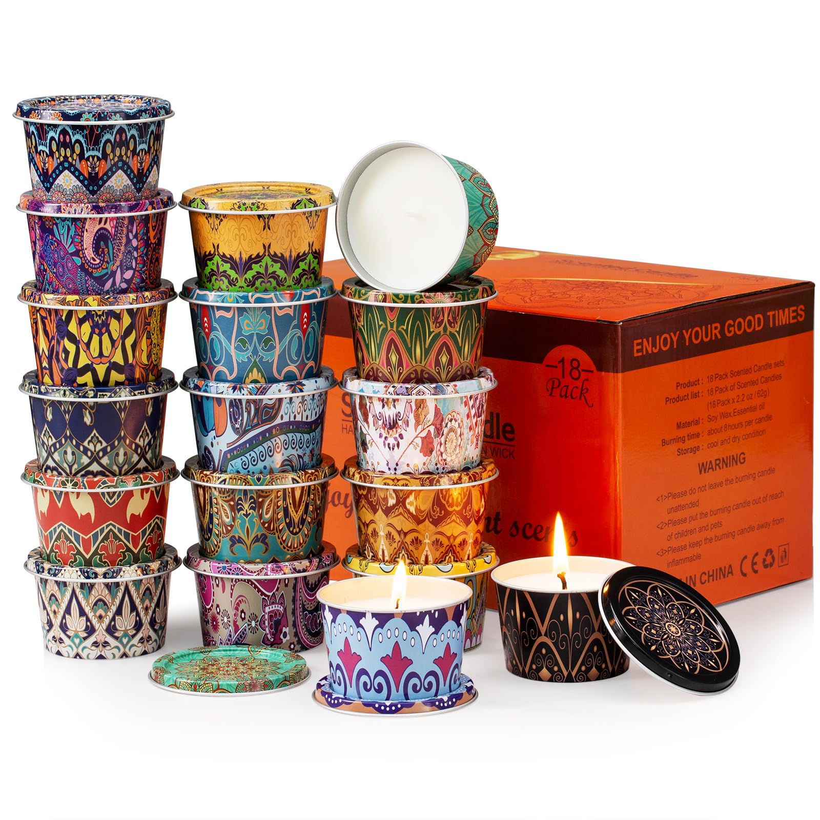 HOFOGOTOWIN caja frontal del set de 18 velas mostrando variedad y elegancia