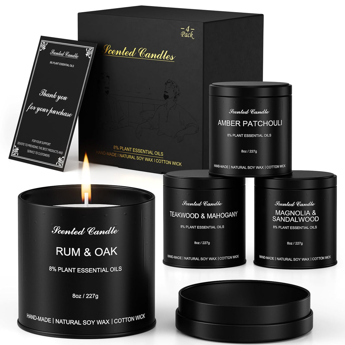 HOFOGOTOWIN pack frontal mostrando las cuatro velas y su diseño masculino