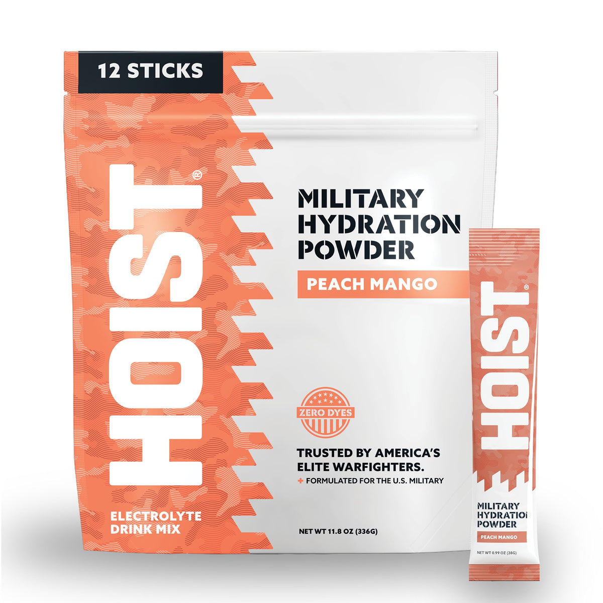 HOIST frente del empaque durazno mango mostrando diseño y beneficios