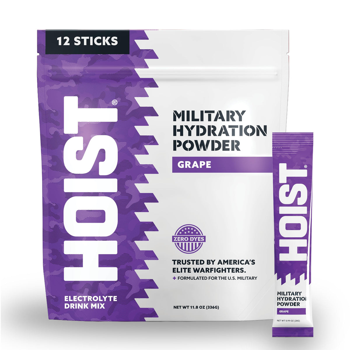 HOIST empaque frontal sabor uva mostrando sobres y beneficios de hidratación