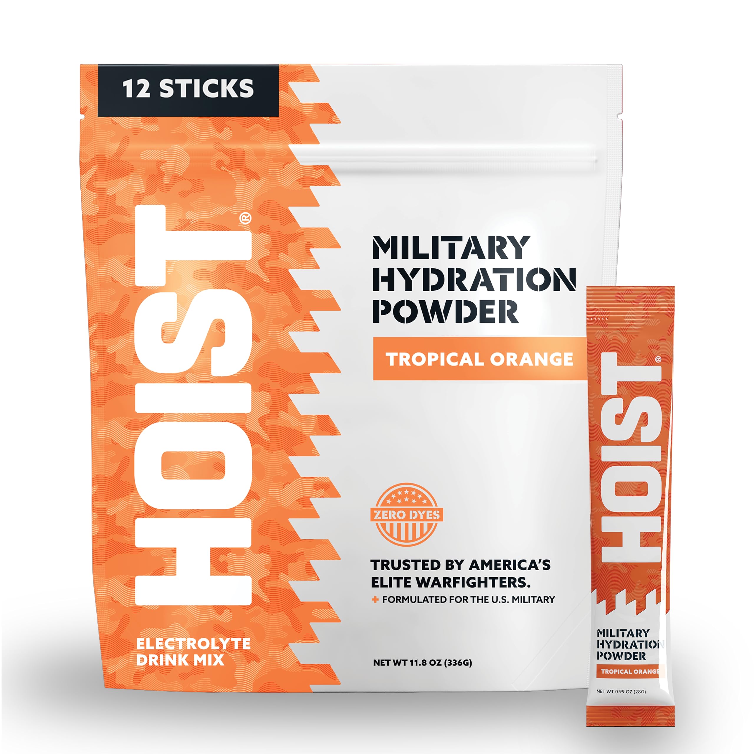 HOIST empaque frontal Tropical Orange mostrando sobres y beneficio rehidratación rápida