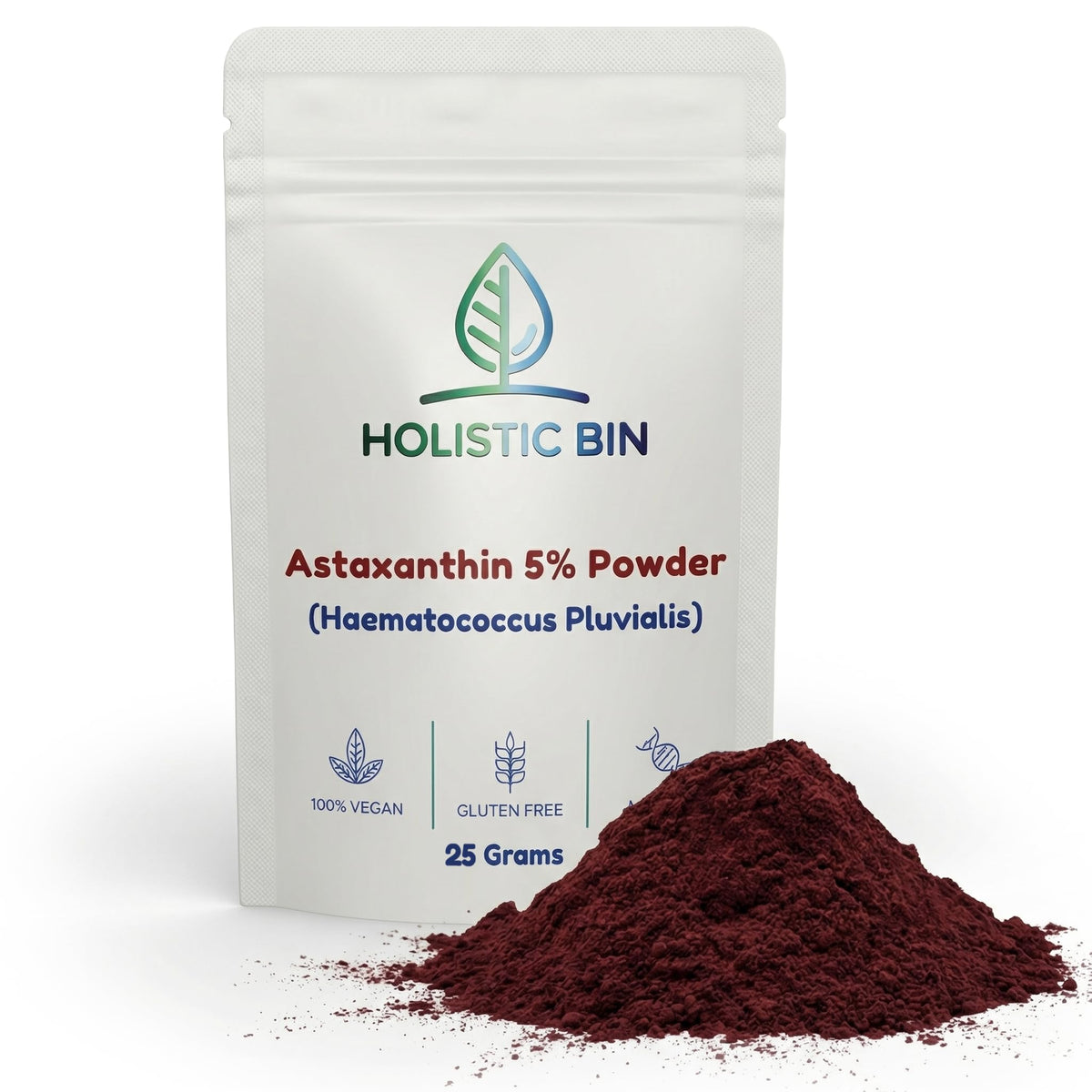 Holistic Bin polvo astaxantina frontal mostrando envase y color natural
