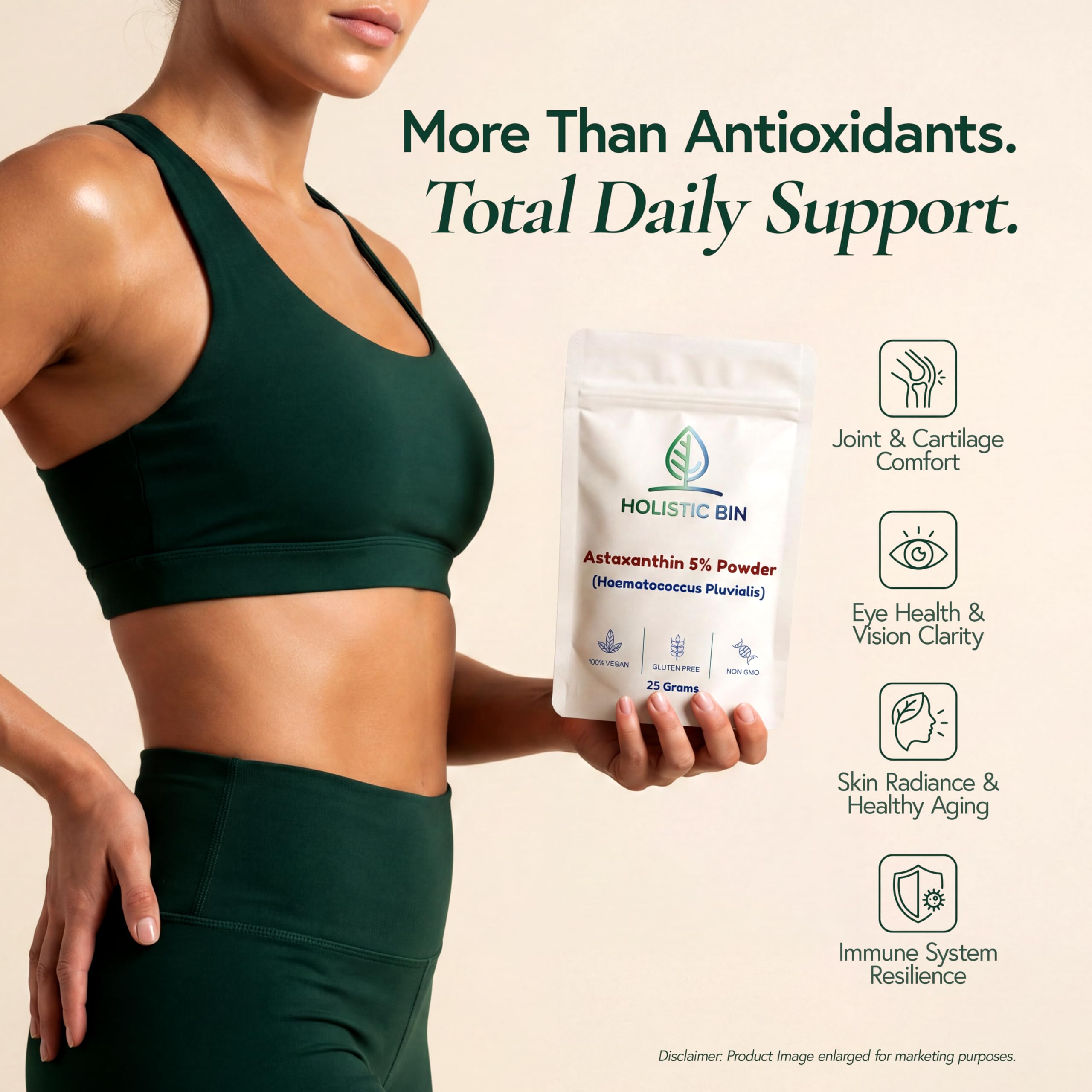 Holistic Bin paquete abierto mostrando contenido neto de 25 g