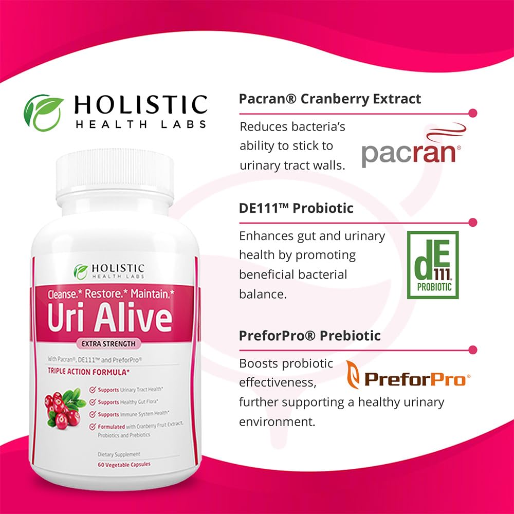 Holistic Health Labs etiqueta de ingredientes Uri Alive con información de prebióticos y probióticos