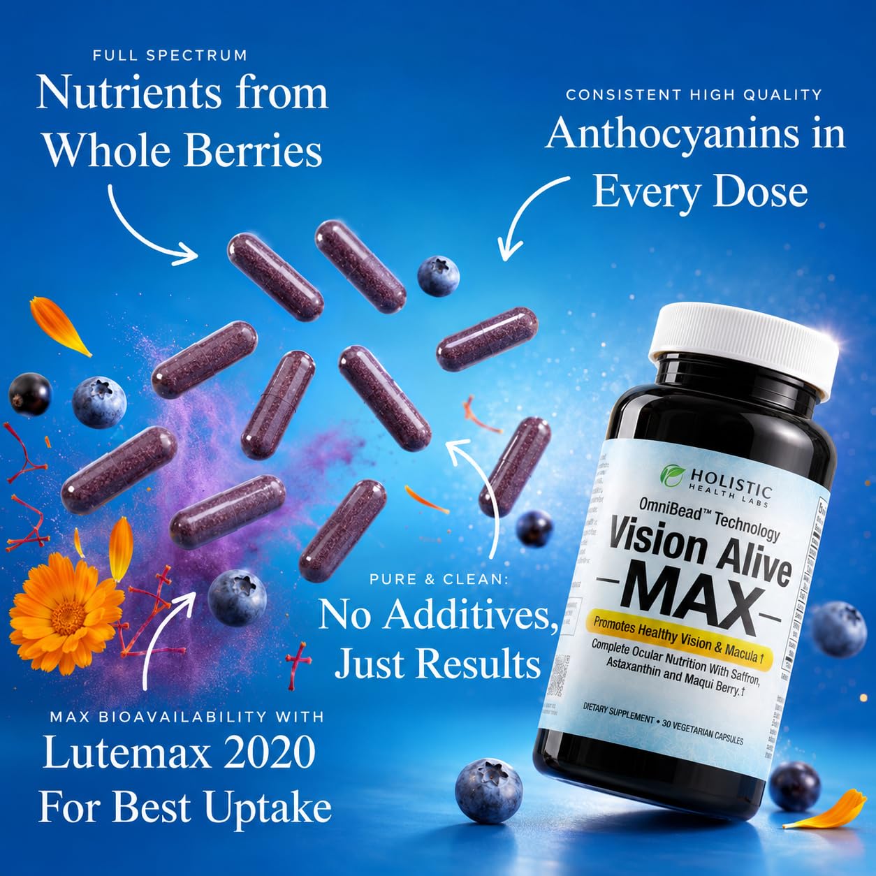 Holistic Health Labs frasco Vision Alive Max en mano para percepción de dosis diaria