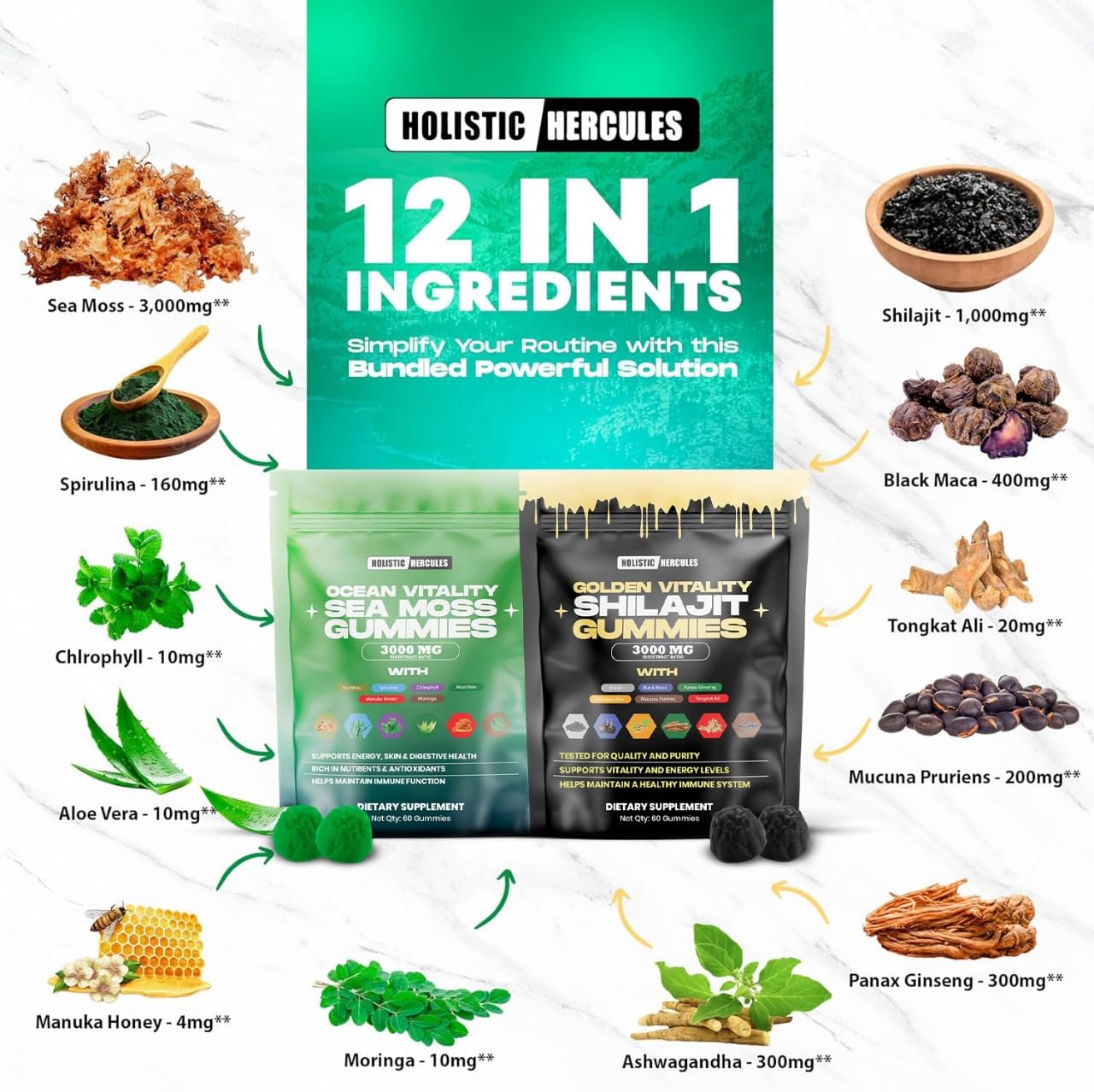 Holistic Hercules etiqueta legible con lista de ingredientes y beneficios