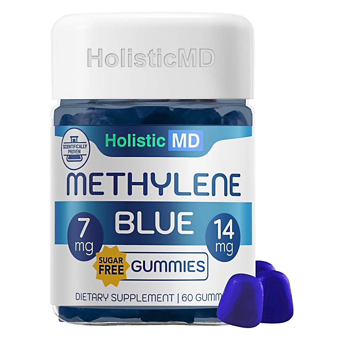 Holistic MD frasco frontal mostrando 60 gomitas y dosis, facilita elección y almacenamiento