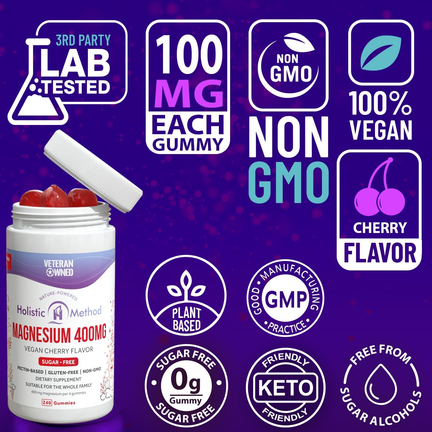 Holistic Method etiqueta con información nutricional y 100 mg por gomita