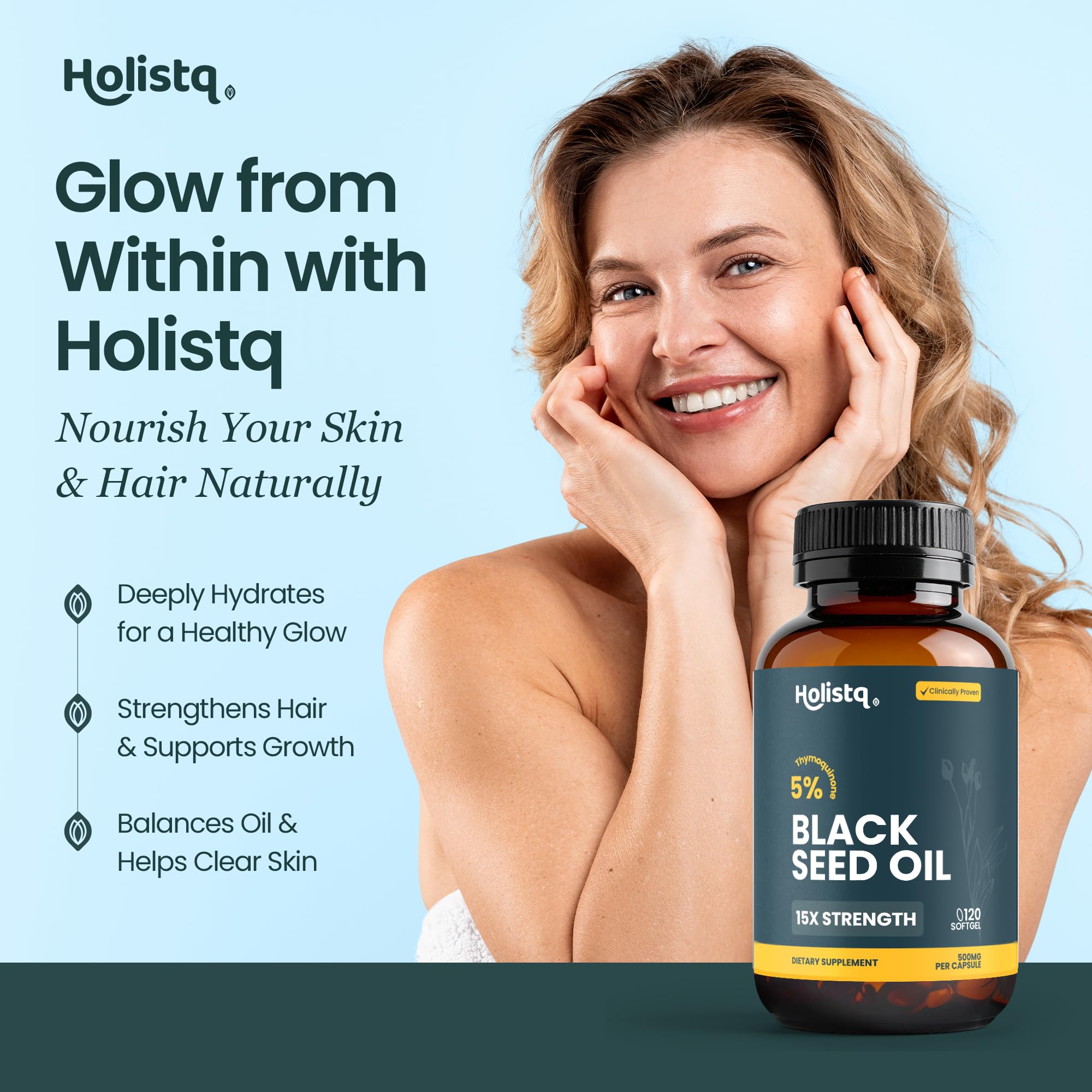 HOLISTQ etiqueta con 5% timoquinona destacada y claridad informativa