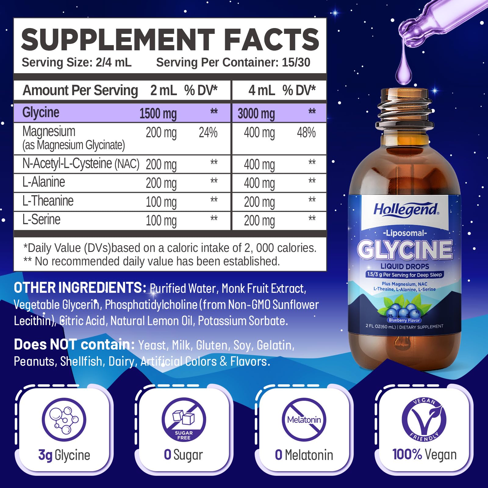 HOLLEGEND etiqueta con lista de ingredientes clara y beneficios principales