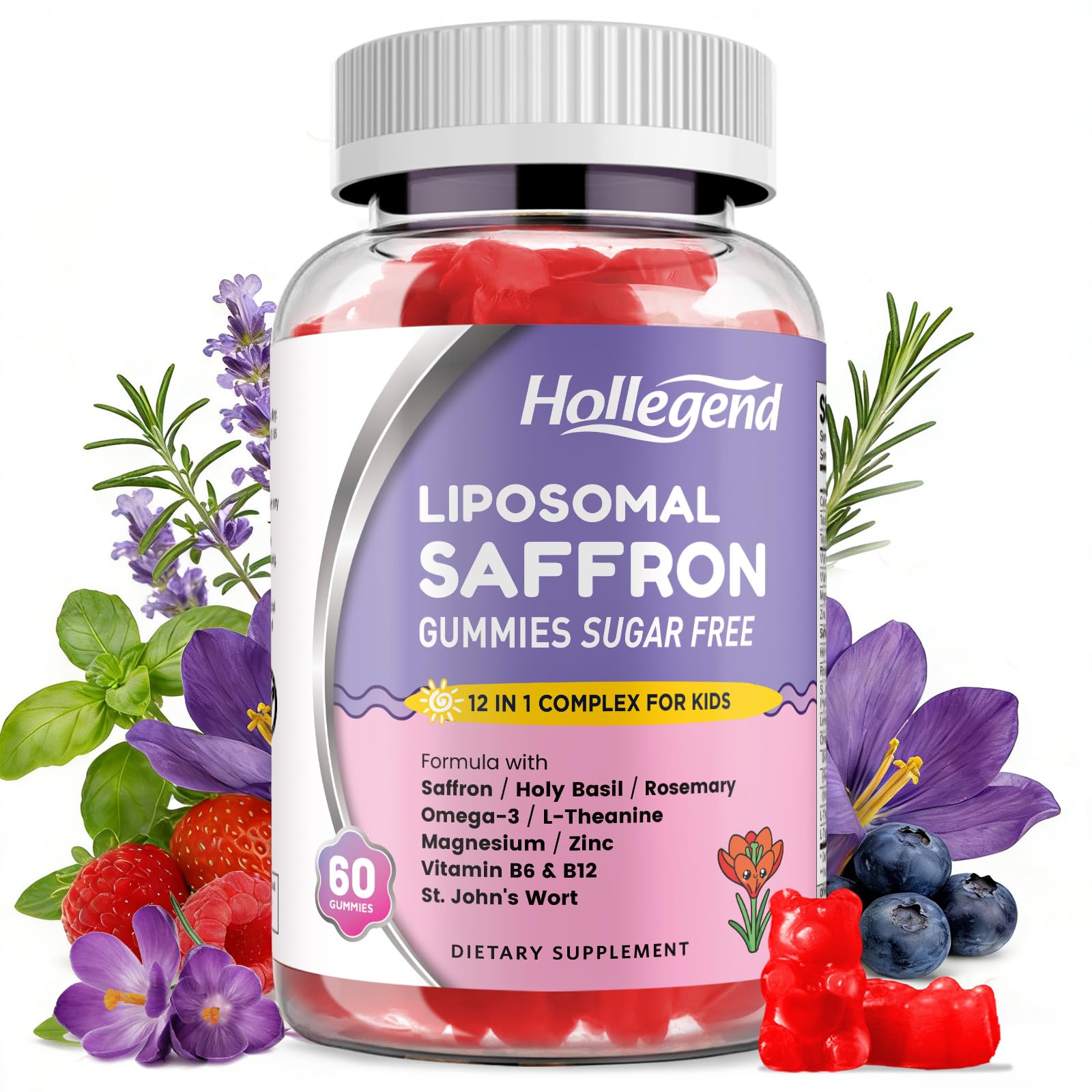 HOLLEGEND frasco frontal mostrando 60 gominolas y beneficio para concentración