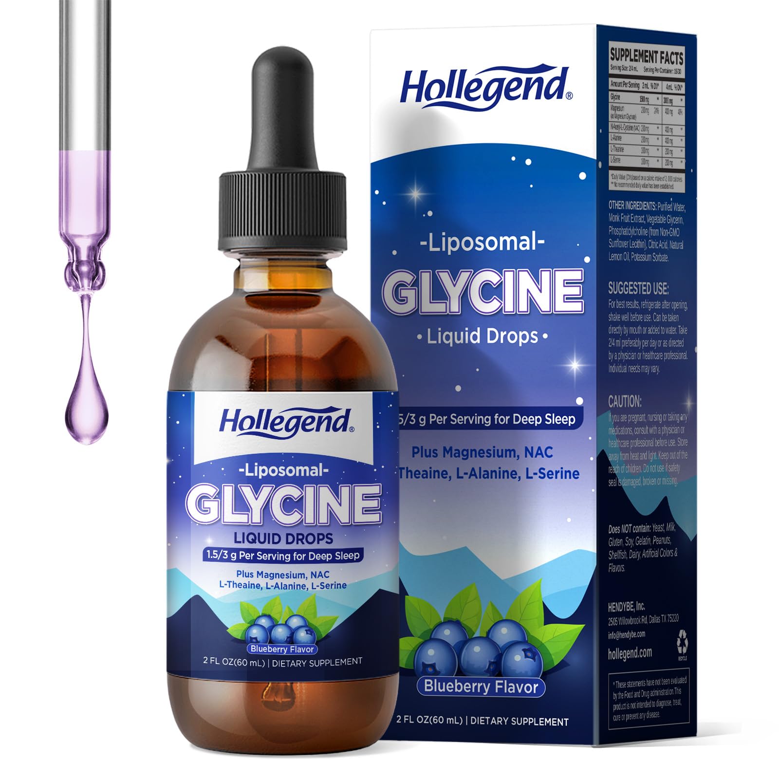 HOLLEGEND frente de botella en gotas arándano con tamaño y etiqueta visible