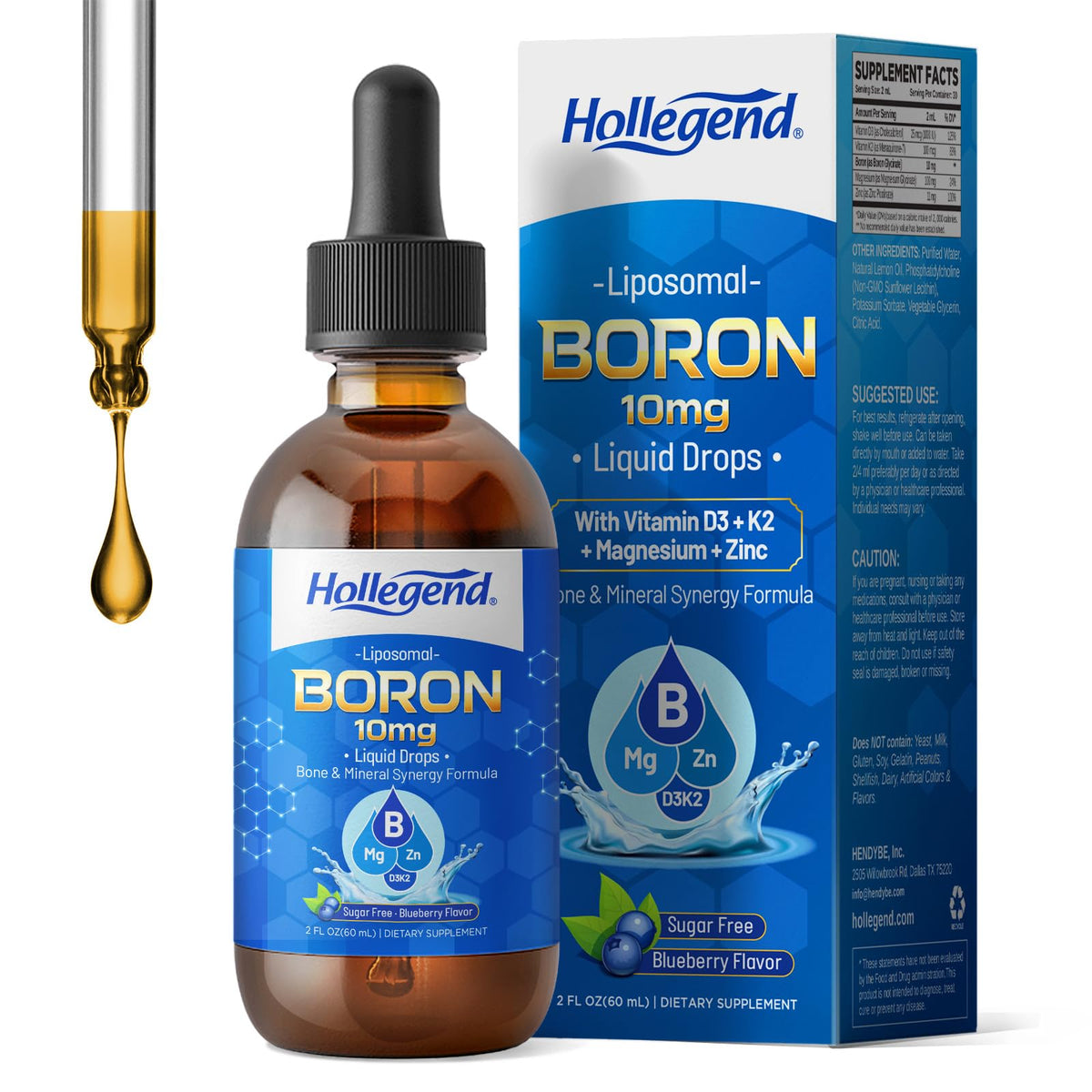 HOLLEGEND botella frontal de boron liposomal, presentación clara y profesional