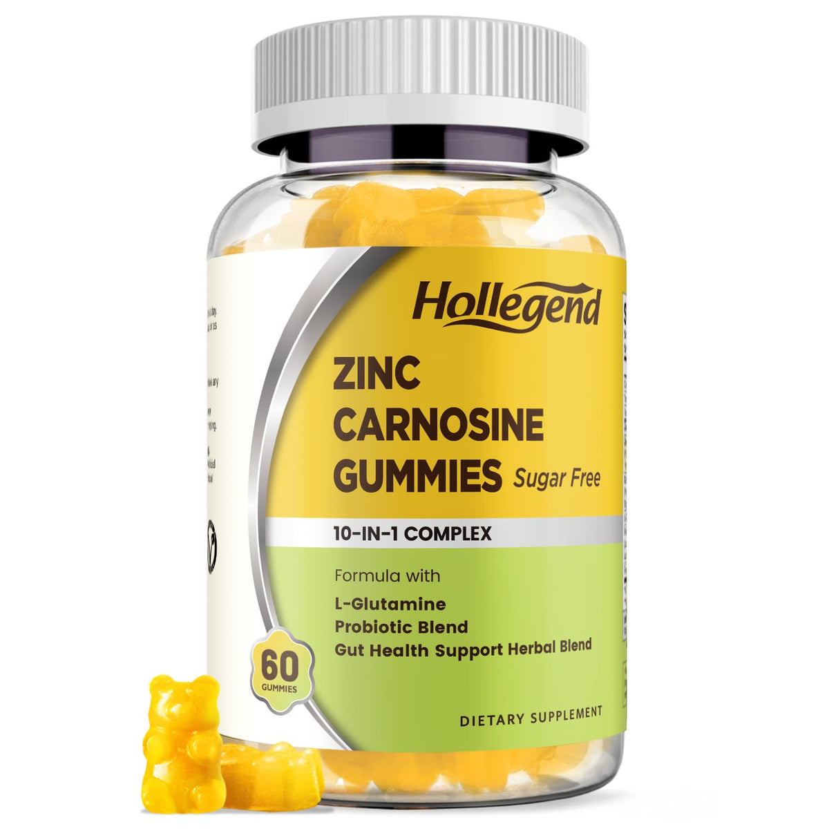 HOLLEGEND envase frontal de Zinc Carnosine 60 gominolas, presentación clara y profesional