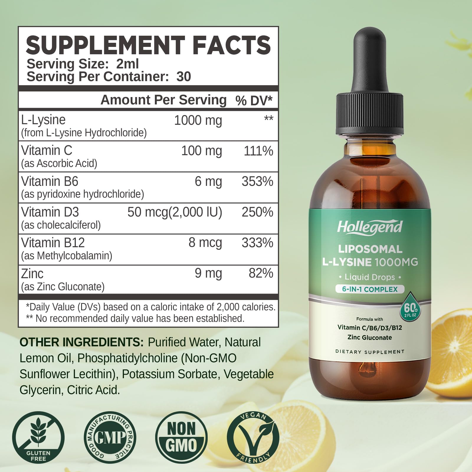 HOLLEGEND detalle del gotero y textura del líquido liposomal para absorción eficiente