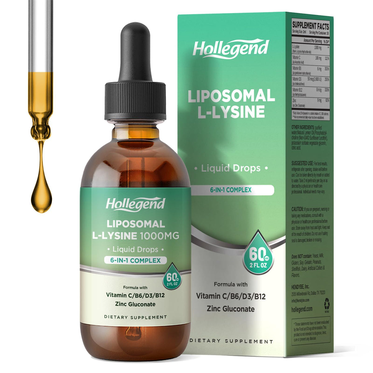 HOLLEGEND frasco frontal de Liposomal L-lysine 1000MG muestra etiqueta clara y beneficio práctico