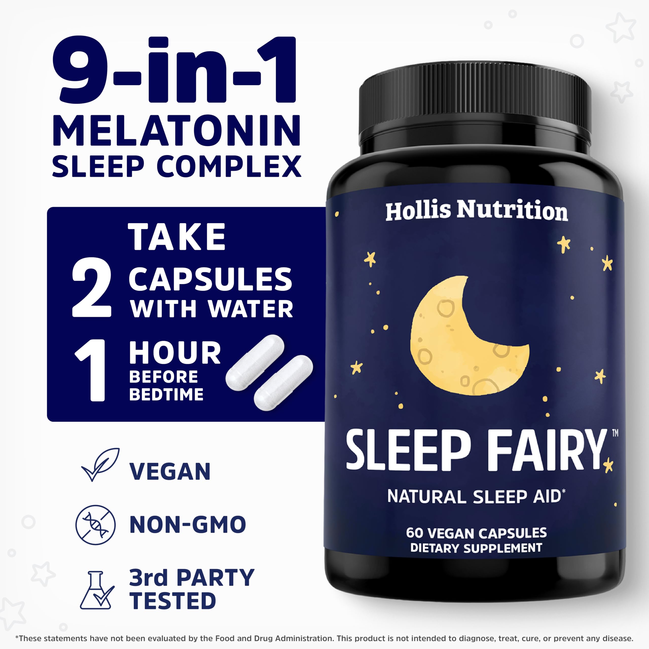 Hollis Nutrition Sleep Fairy cápsula en mano para comparar tamaño y comodidad de uso