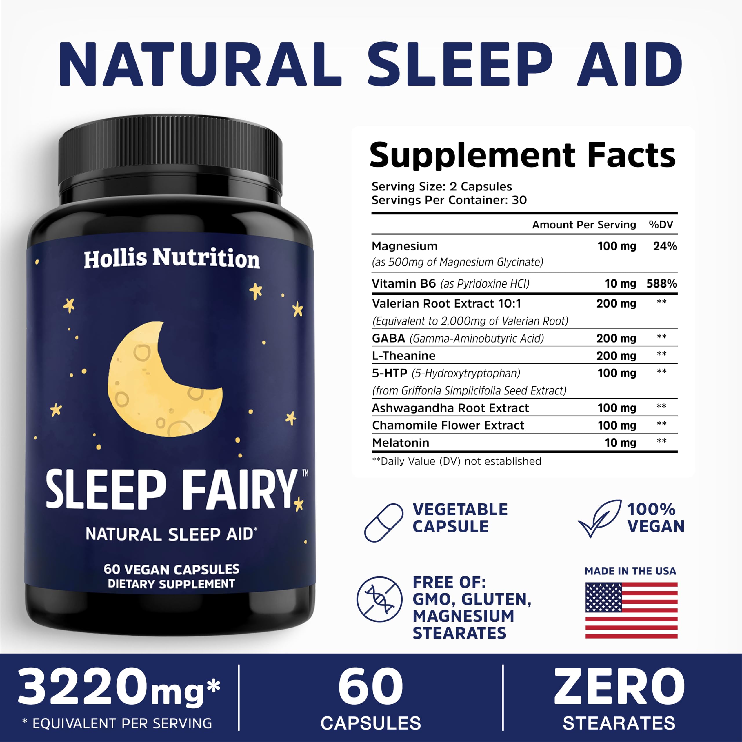 Hollis Nutrition Sleep Fairy detalle del magnesio glicinato en polvo, apoyo a la relajación muscular