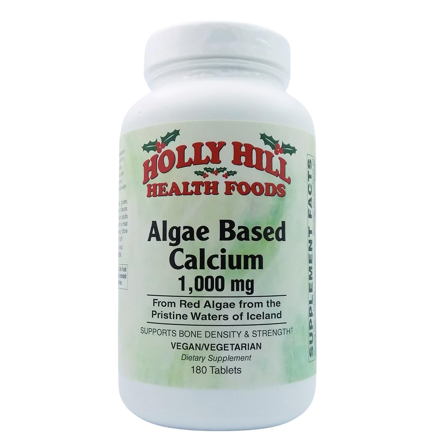 Holly Hill envase frontal de Algae Based Calcium mostrando etiqueta clara y beneficios