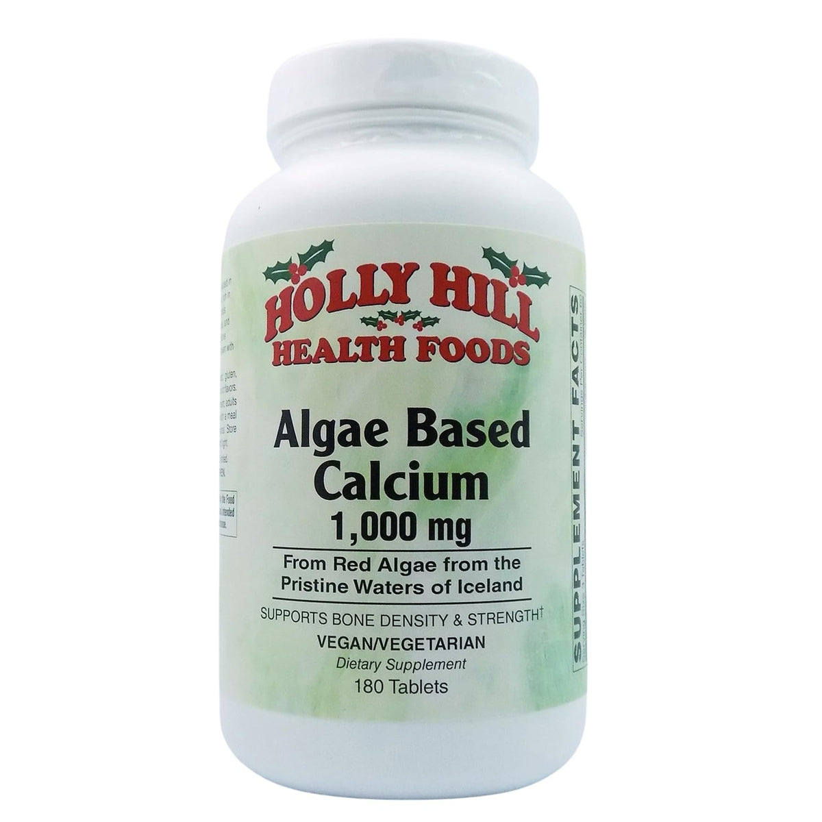 Holly Hill envase frontal de Algae Based Calcium mostrando etiqueta clara y beneficios
