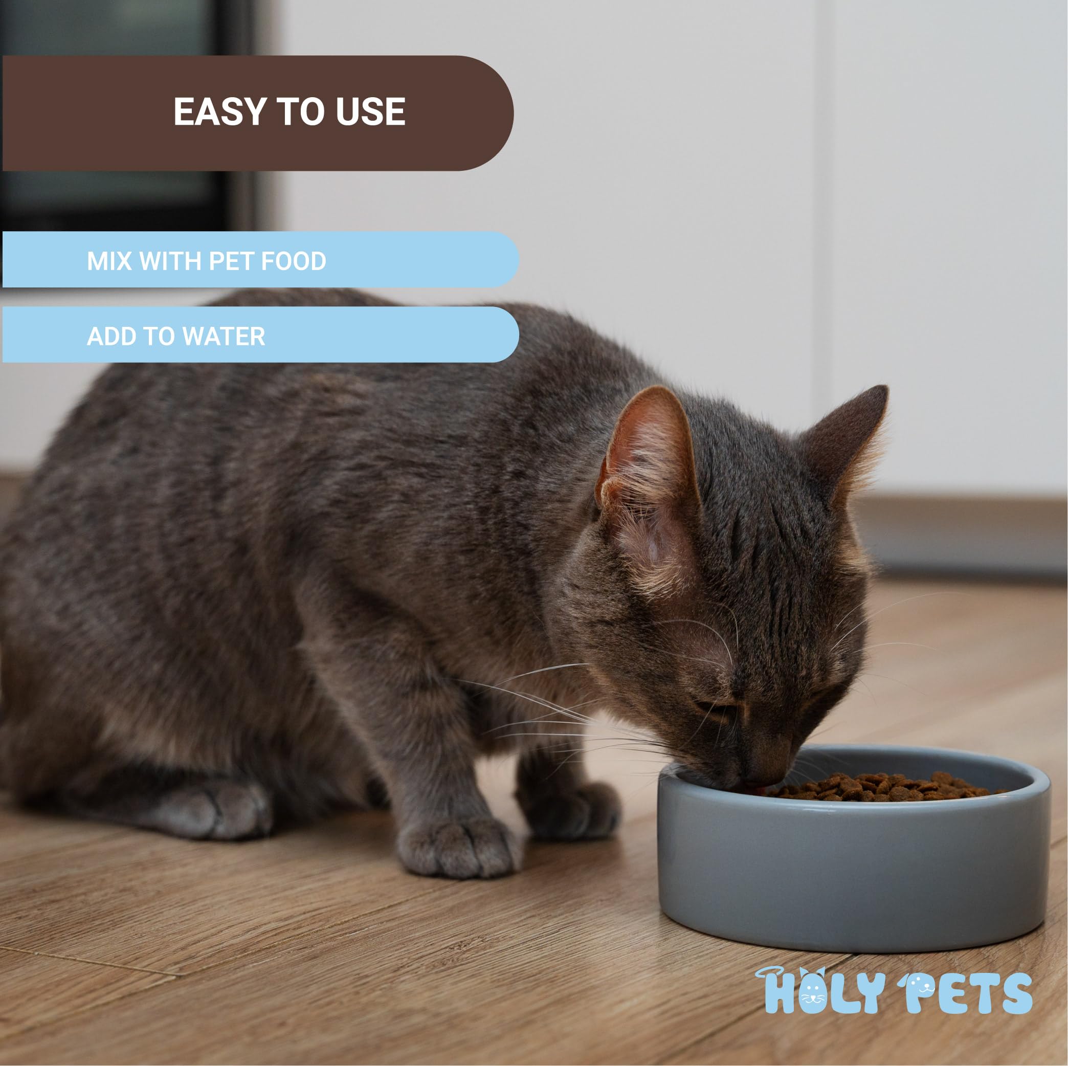 Holy Pets envase junto a objeto para comparar tamaño y cantidad