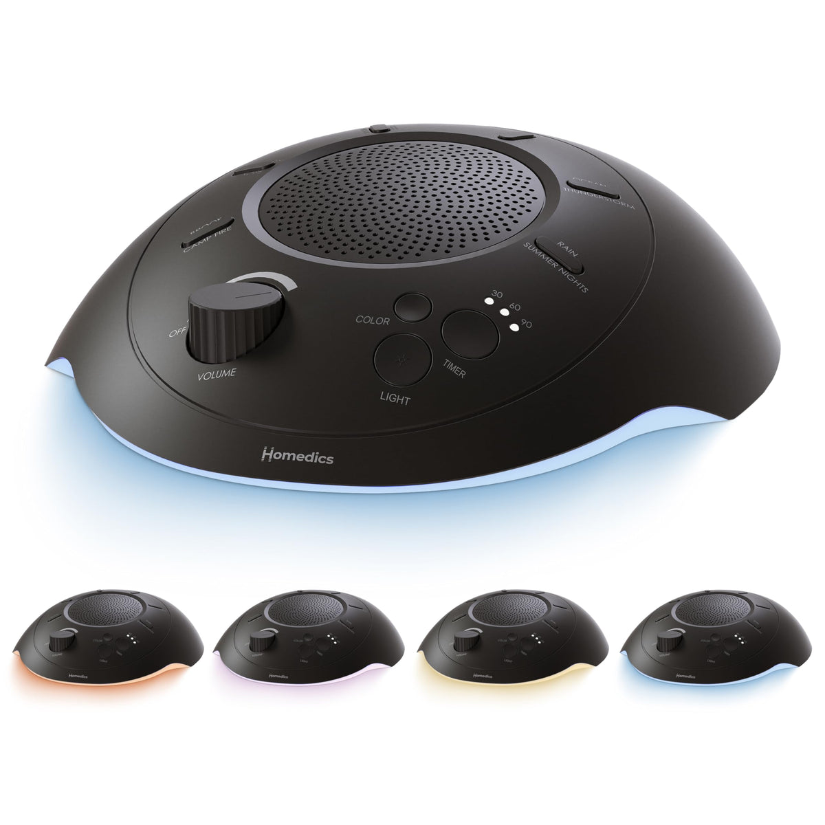 Homedics máquina de sonido frontal mostrando botones y beneficio de uso sencillo