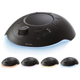 Homedics máquina de sonido frontal mostrando botones y beneficio de uso sencillo