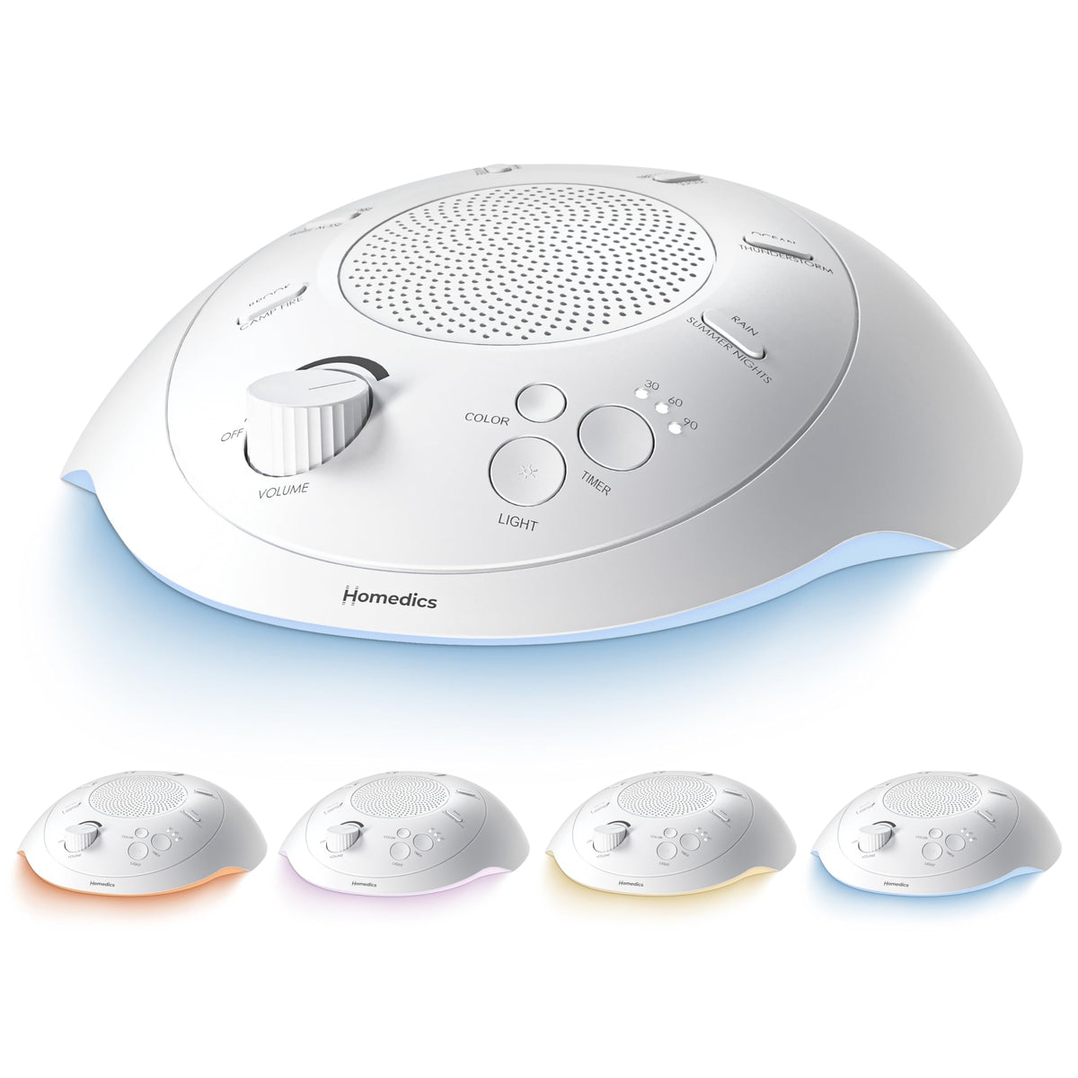 Homedics vista frontal de la máquina de sonido portátil con diseño compacto y fácil uso