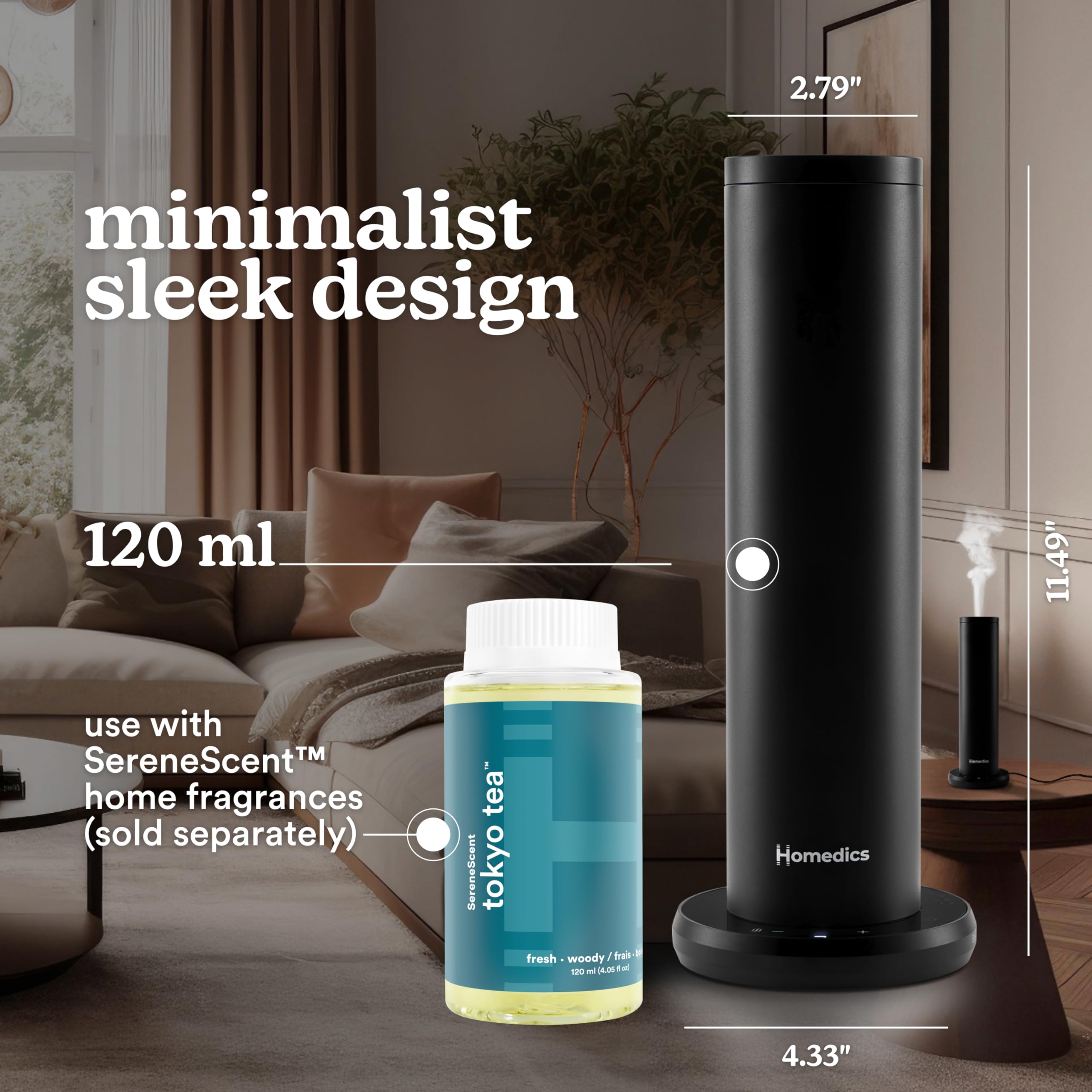 Homedics SereneScent en sala demostrando aroma ambiental silencioso y discreto