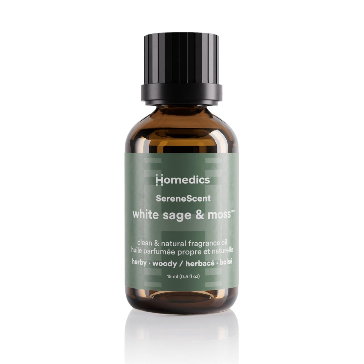 Homedics frasco frontal White Sage & Moss mostrando etiqueta y volumen
