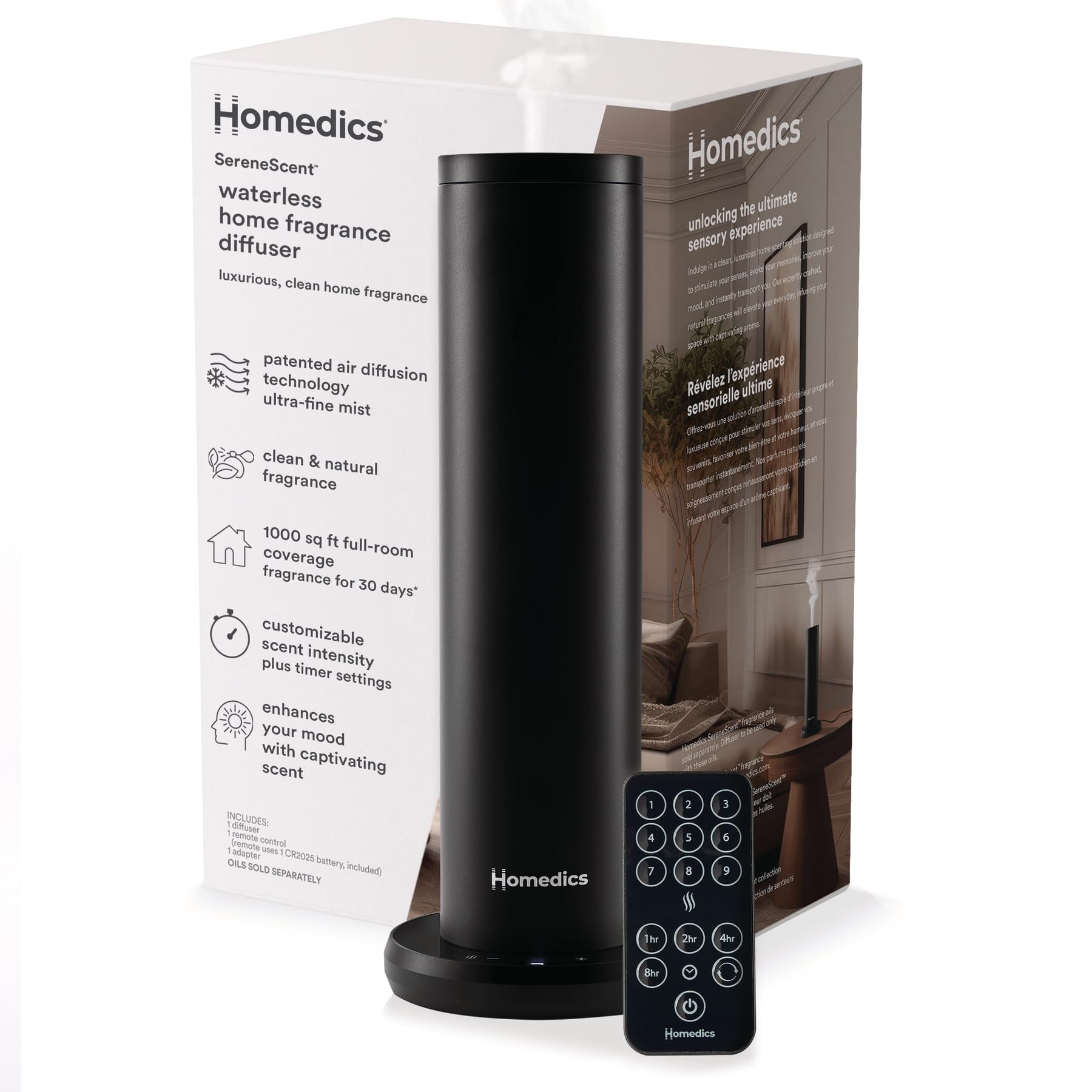 Homedics SereneScent vista frontal negro con diseño elegante y control sencillo