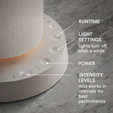 homedics SereneScent panel de control y app, ajustes de intensidad y temporizador