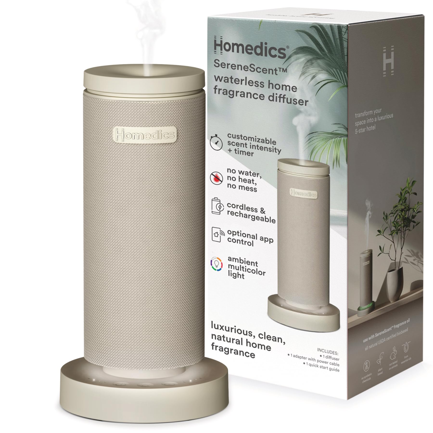 Homedics SereneScent Mini vista frontal con diseño beige y perfil compacto