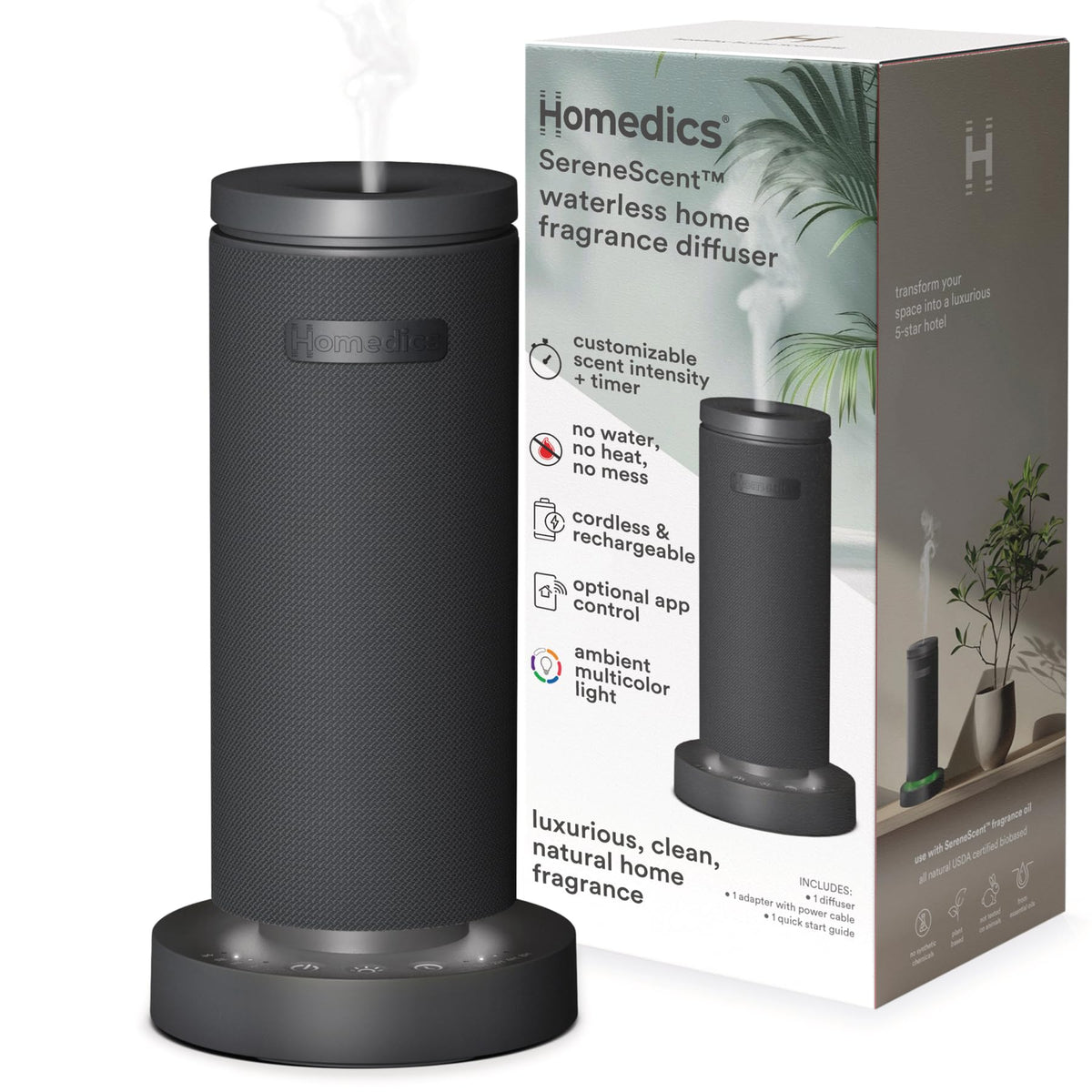 Homedics imagen frontal del difusor en carbón con diseño compacto y elegante