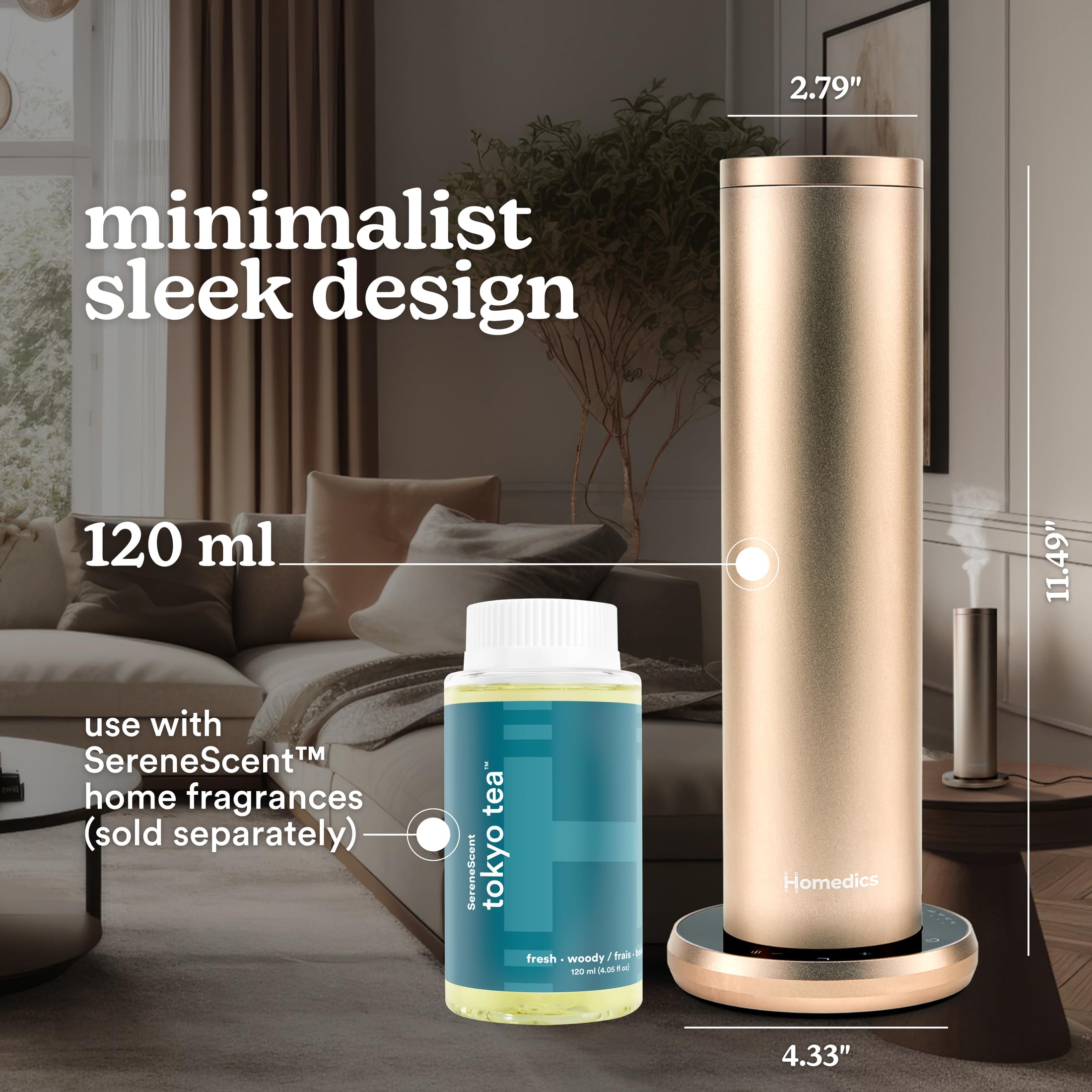 Homedics SereneScent detalle de aluminio que resalta durabilidad y acabado premium