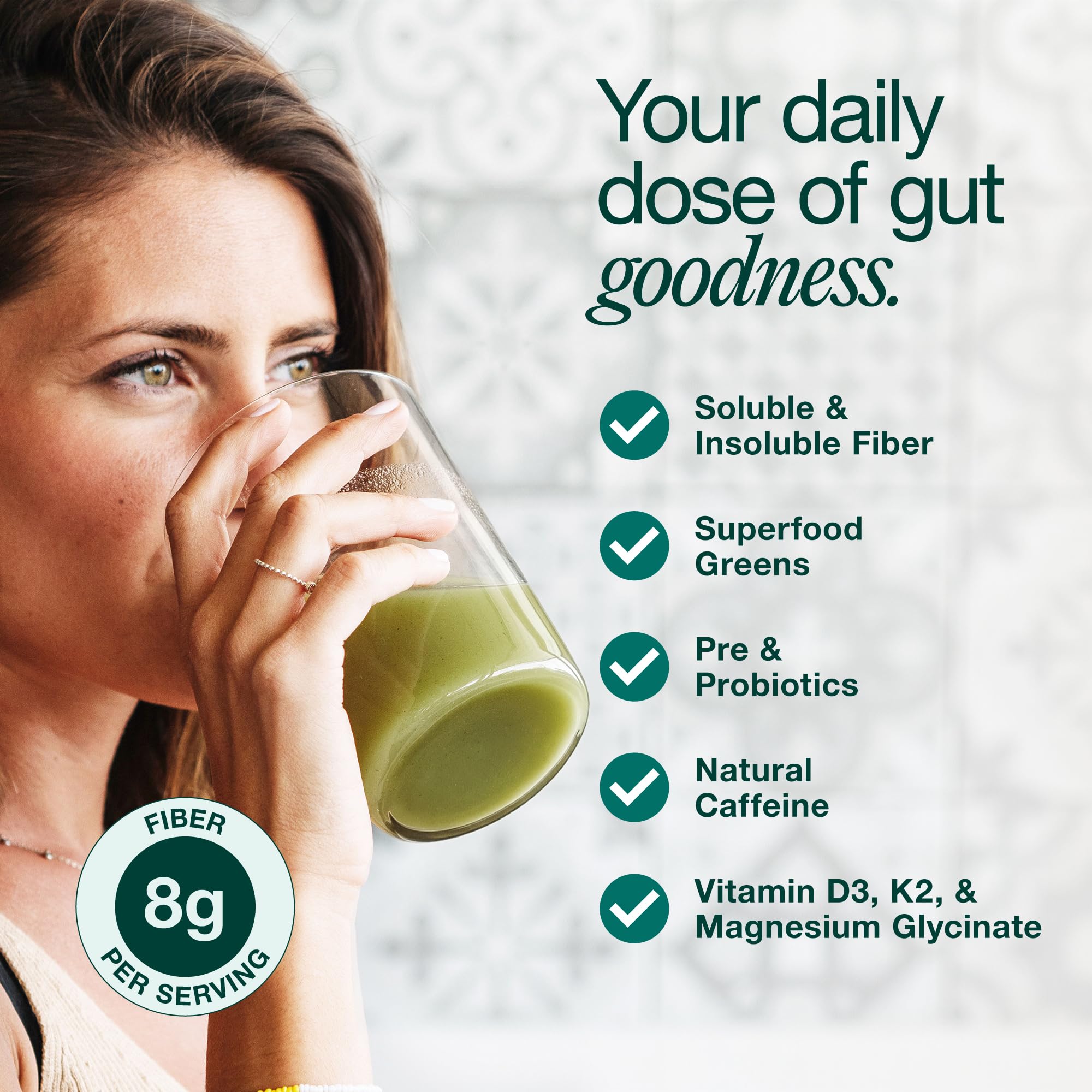 Hona Fiber + Greens primeros planos de spirulina y chlorella, nutrición concentrada
