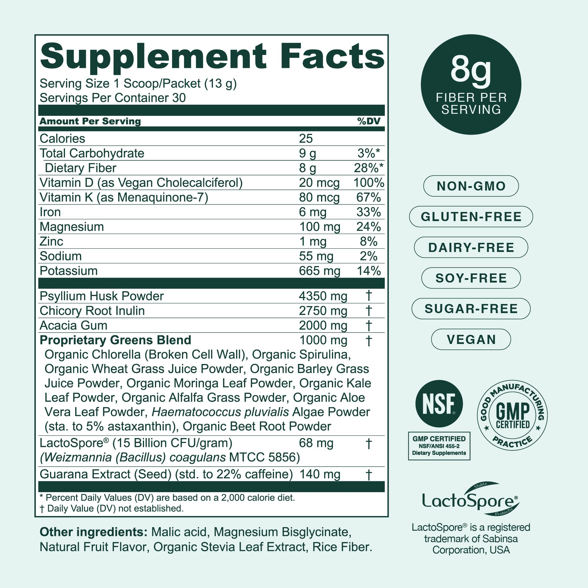 Hona Fiber + Greens mezcla en vaso lista para beber energía sostenida