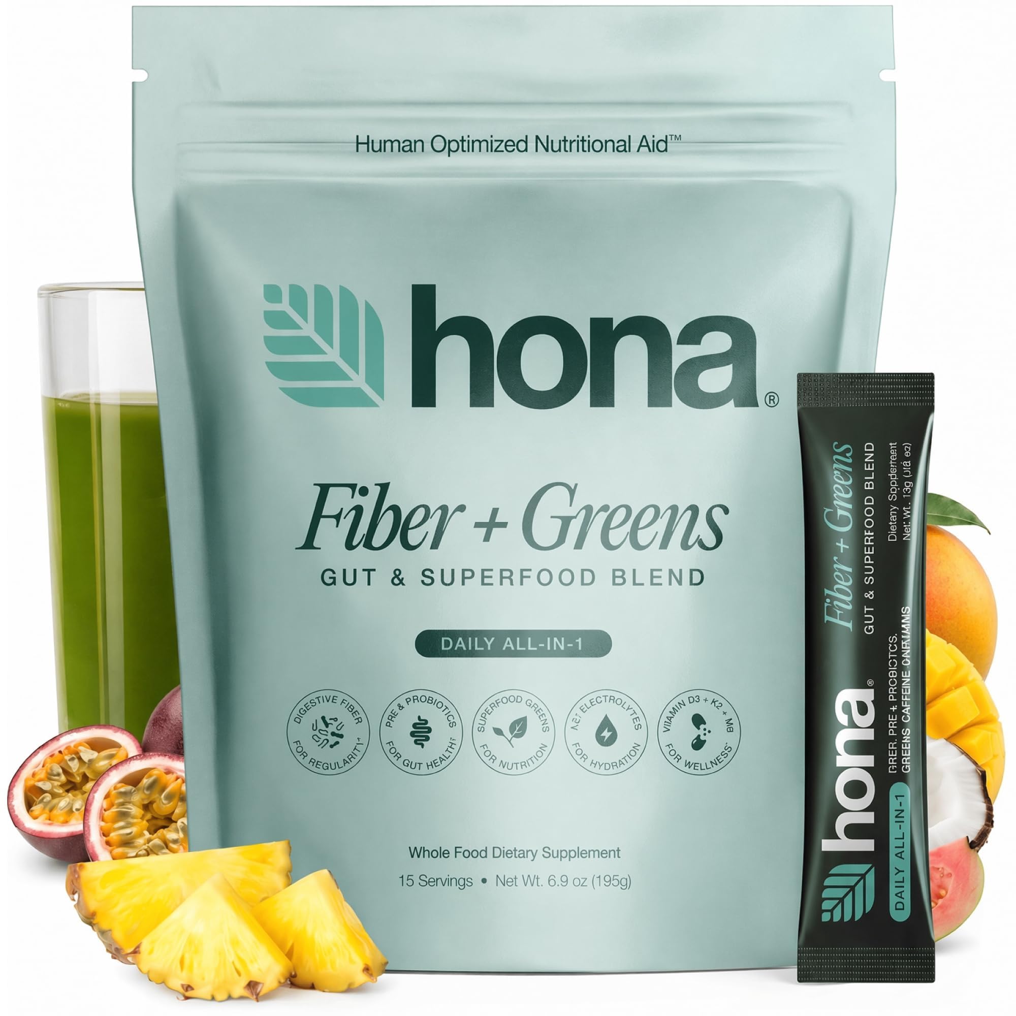 Hona Fiber + Greens envase frontal mostrando beneficios y raciones