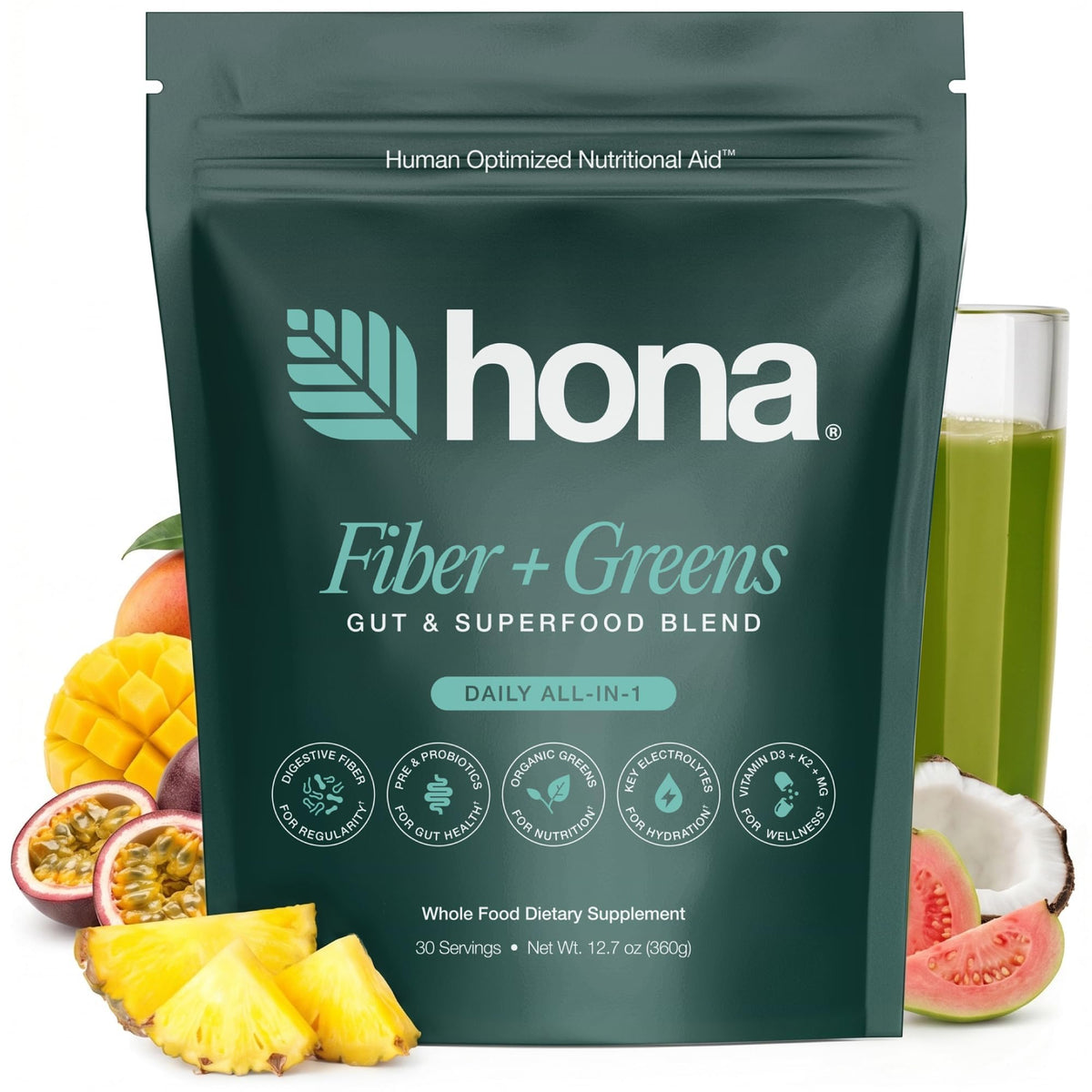 Hona Fiber + Greens frente del envase mostrando porciones y beneficios
