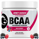 Honey Badger frasco frontal Wild Berry mostrando diseño y beneficios