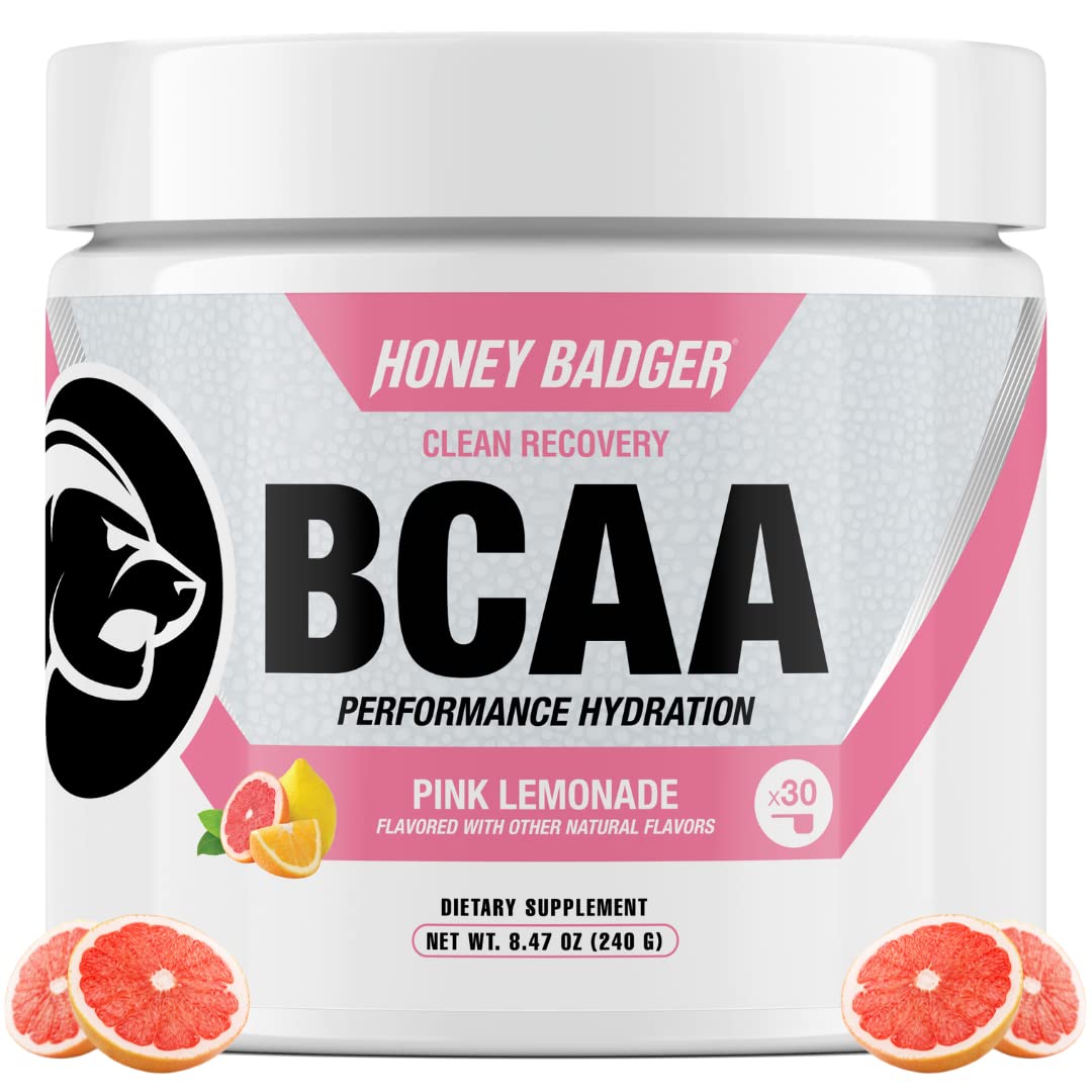 Honey Badger frente del envase mostrando 30 servicios y sabor pink lemonade
