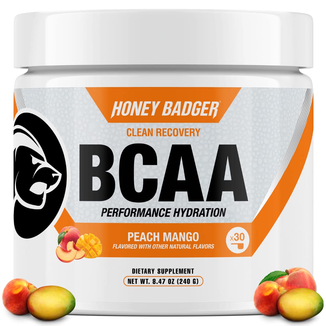 Honey Badger frente del envase mostrando 30 servicios y sabor Peach Mango