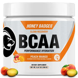 Honey Badger frente del envase mostrando 30 servicios y sabor Peach Mango