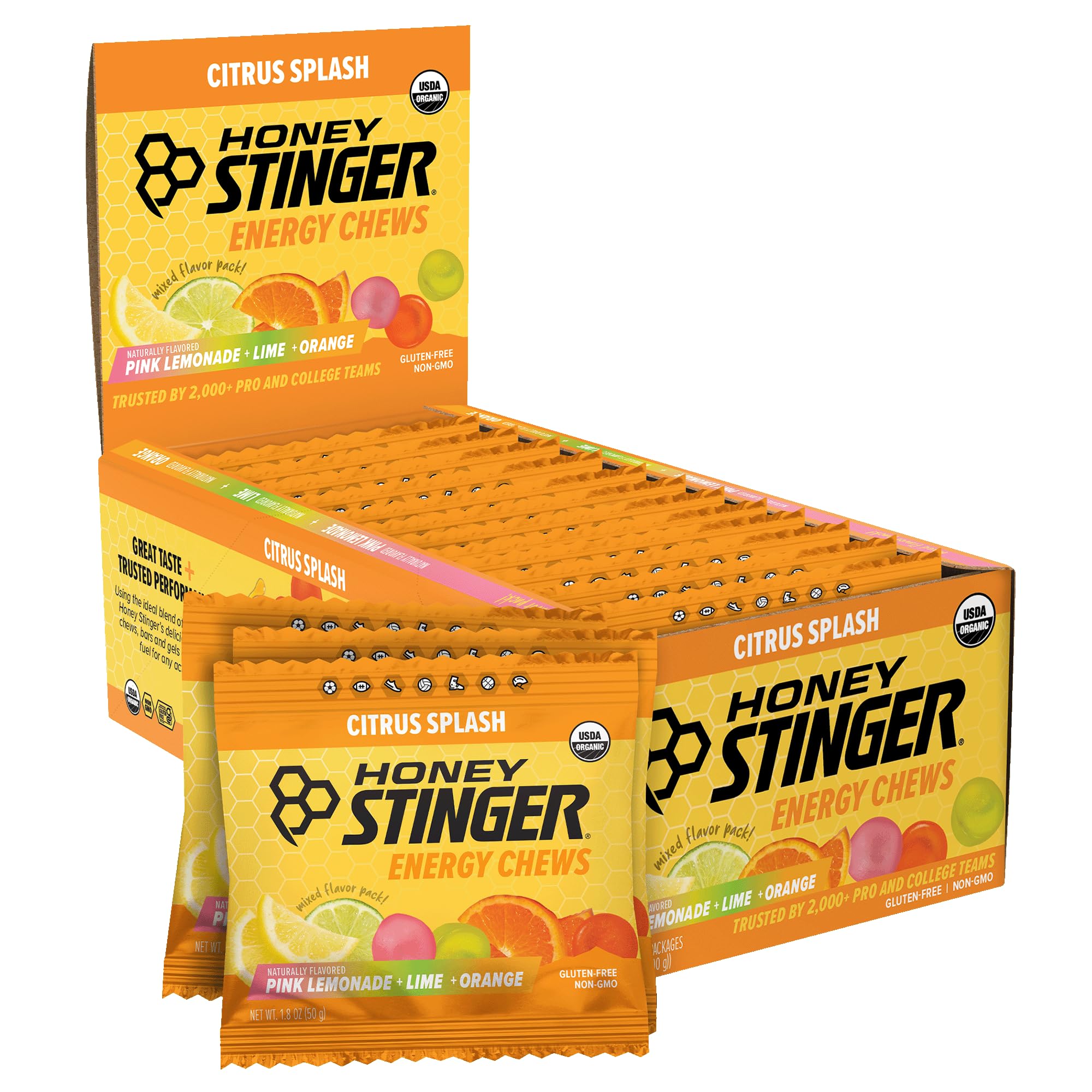 Honey Stinger caja frontal mostrando sabor cítrico y beneficios energéticos